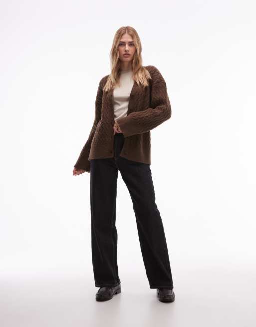 ASOS DESIGN oversized chunky cable knit cardigan in chocolate, 3 of 4