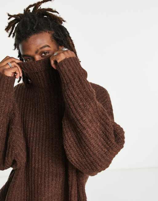 ASOS DESIGN oversized chunky knit roll neck jumper in brown ASOS