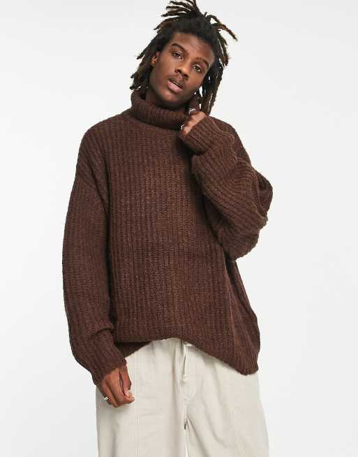 Brown Open Collar Chunky Knitted Jumper