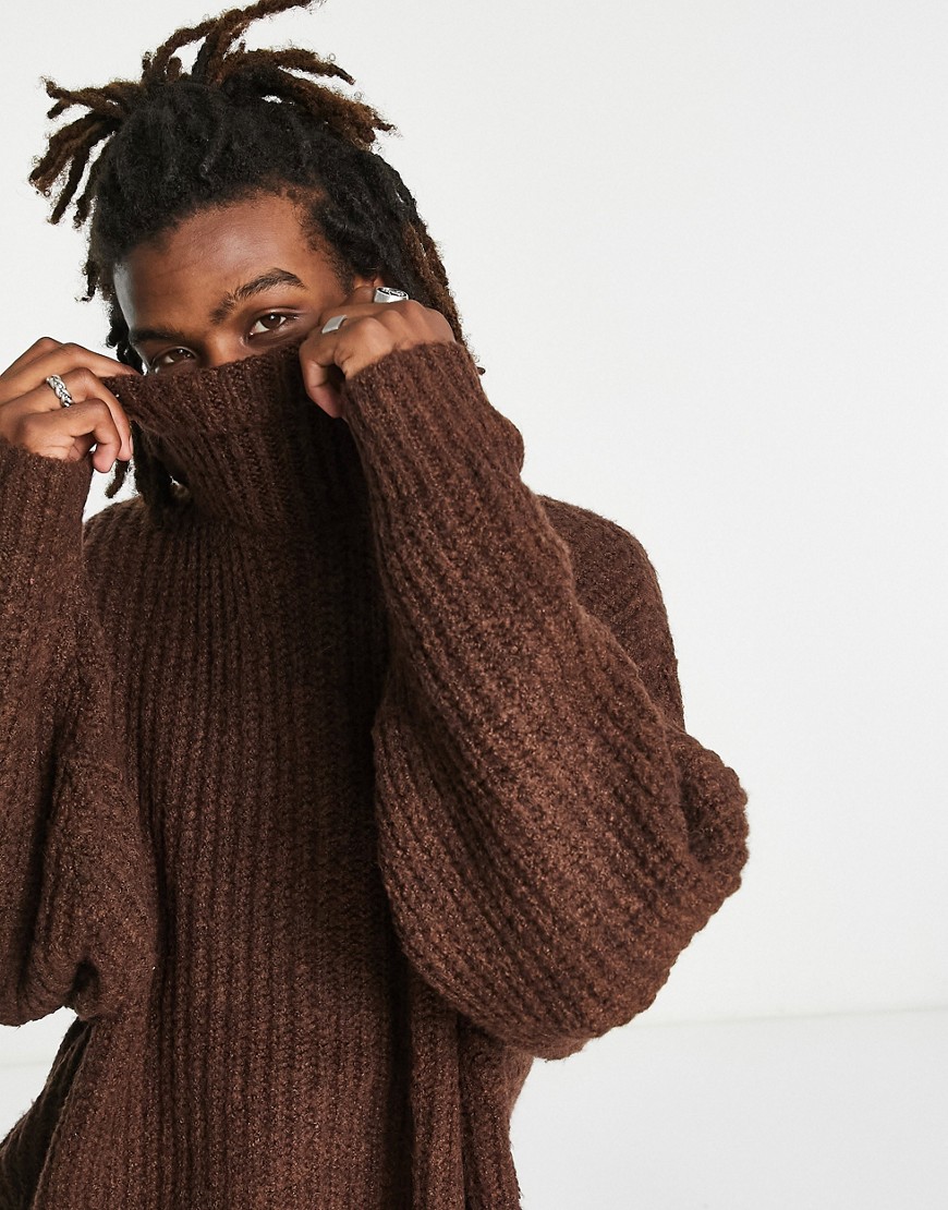 ASOS DESIGN oversized chunky knit roll neck sweater in brown