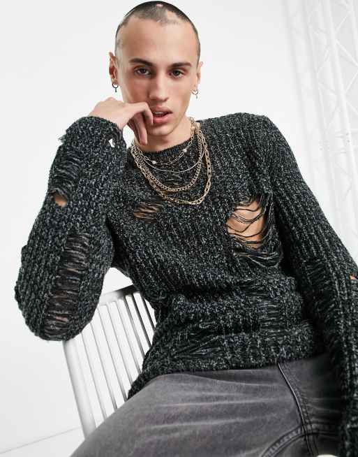 ASOS DESIGN oversized chunky knit sweater with laddering stitch in charcoal