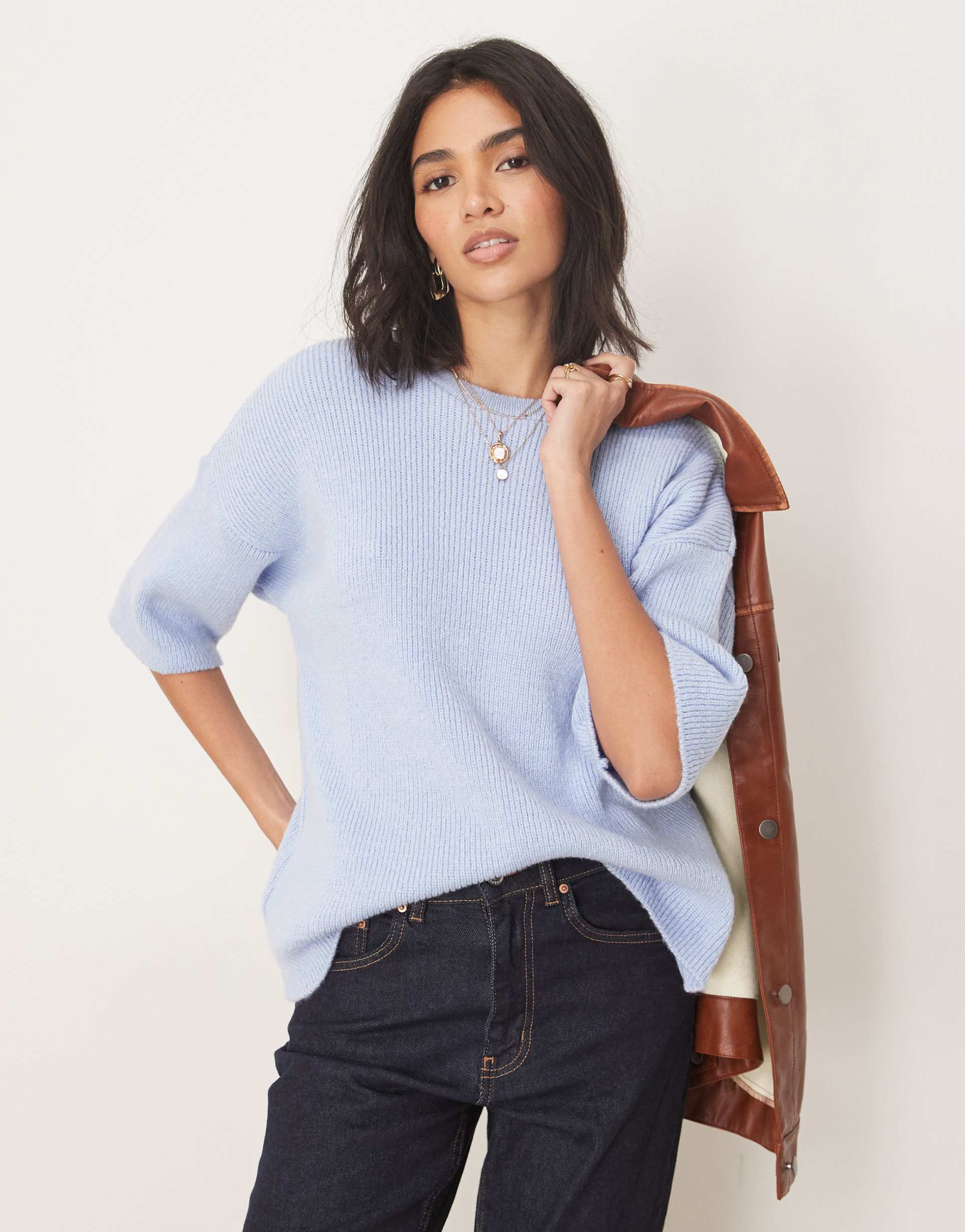 asos design oversized chunky knit t-shirt in baby blue