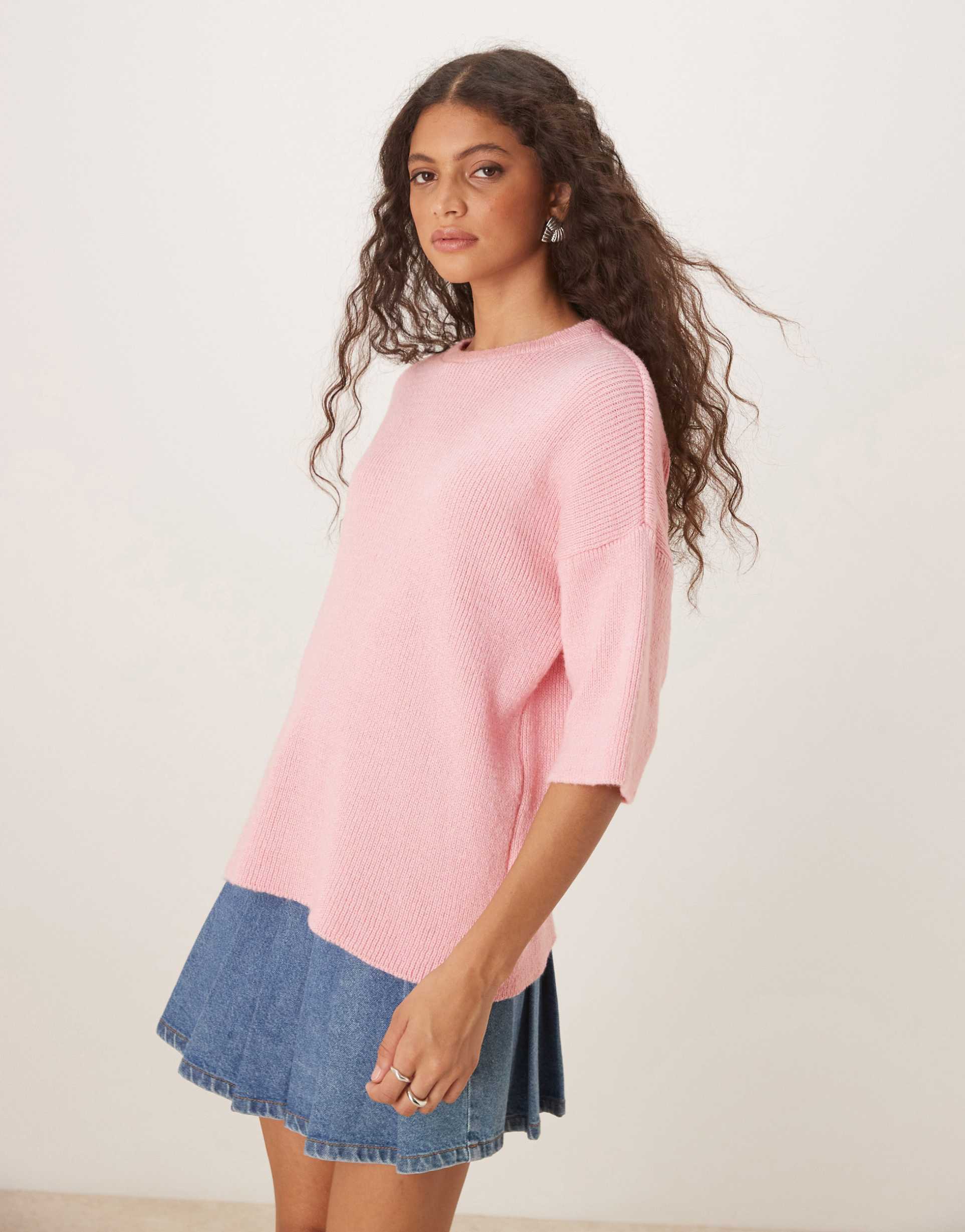 asos design oversized chunky knit t-shirt in pink