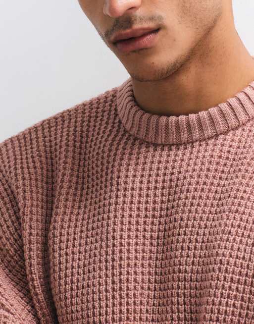 ASOS DESIGN oversized chunky waffle knit sweater in pink, 4 of 5