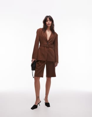 ASOS DESIGN oversized cinch waist belted blazer in chocolate - part of a set