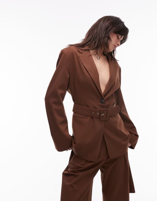 ASOS DESIGN oversized cinch waist belted blazer in chocolate - part of a set