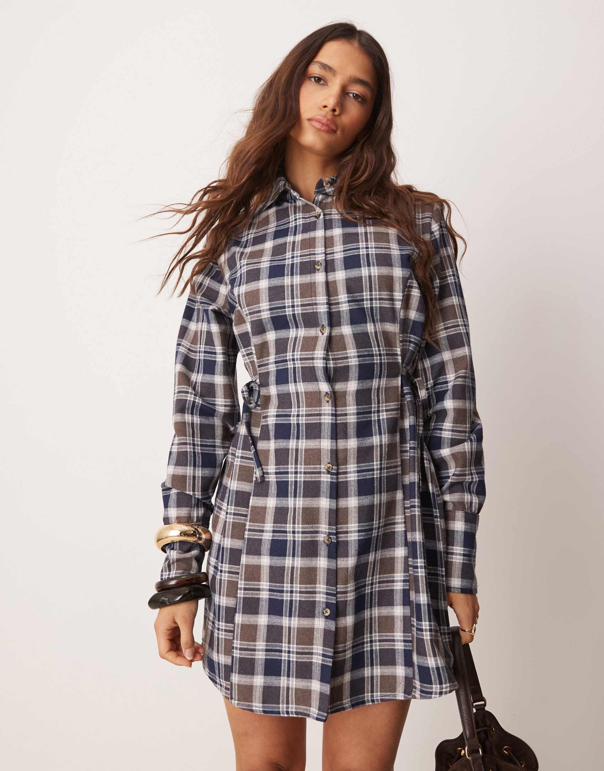 asos design oversized cinch waist shirt in brushed plaid
