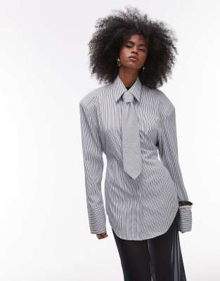 oversized cinch waist shirt with tie in black pinstripe