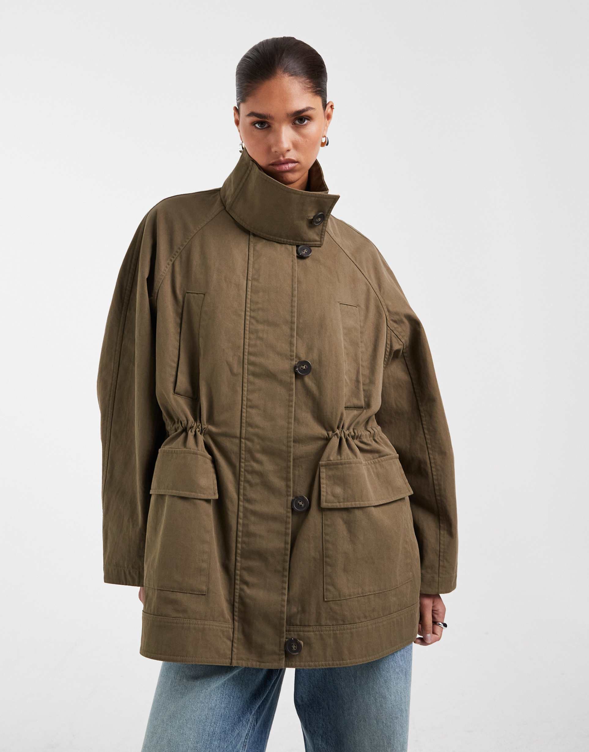 asos design oversized cinched waist parka jacket in khaki