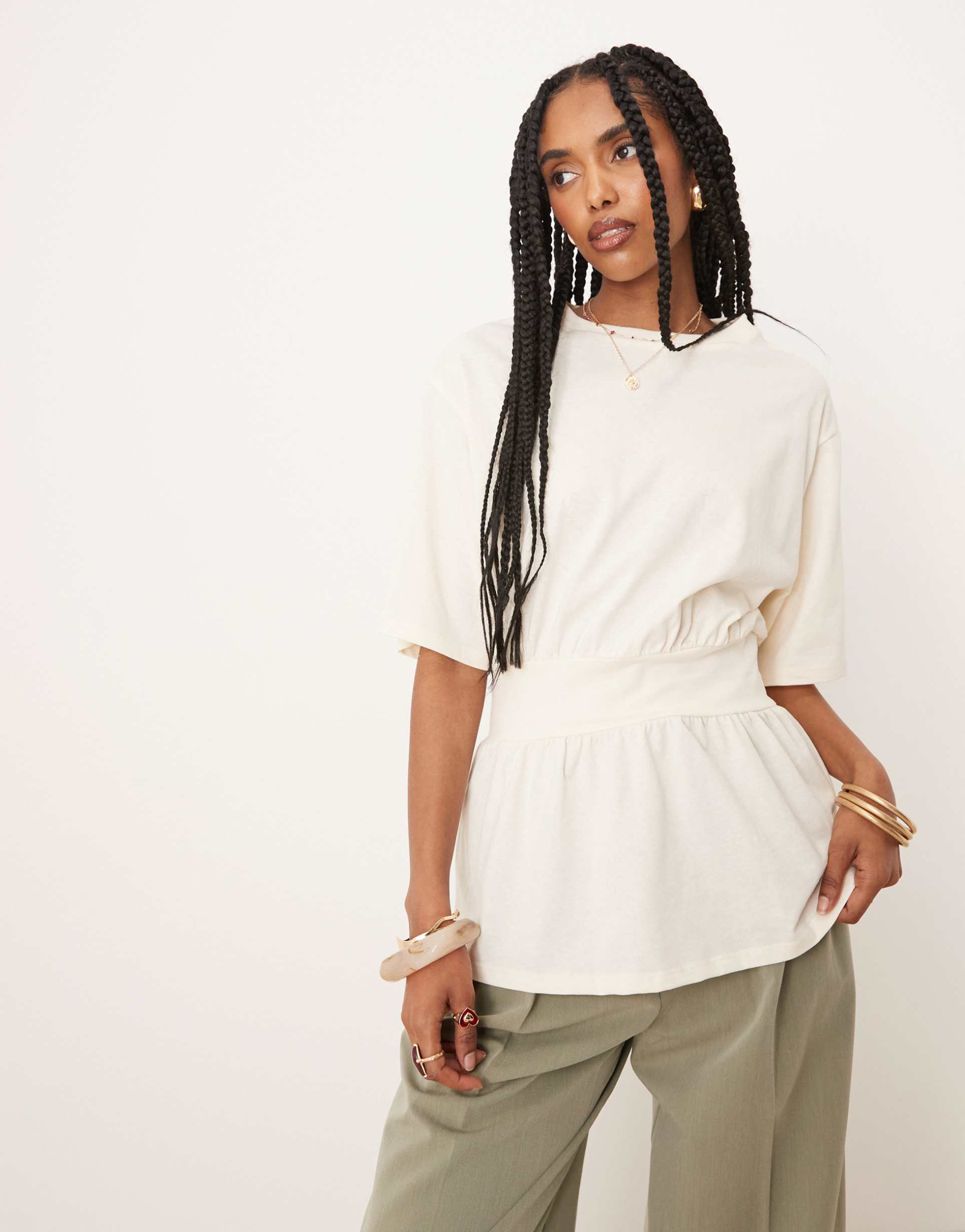 asos design oversized cinched waist t-shirt in cream