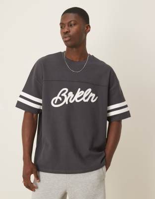 Asos Design Oversized City Applique On Waffle Knit Fabric T-shirt In Gray