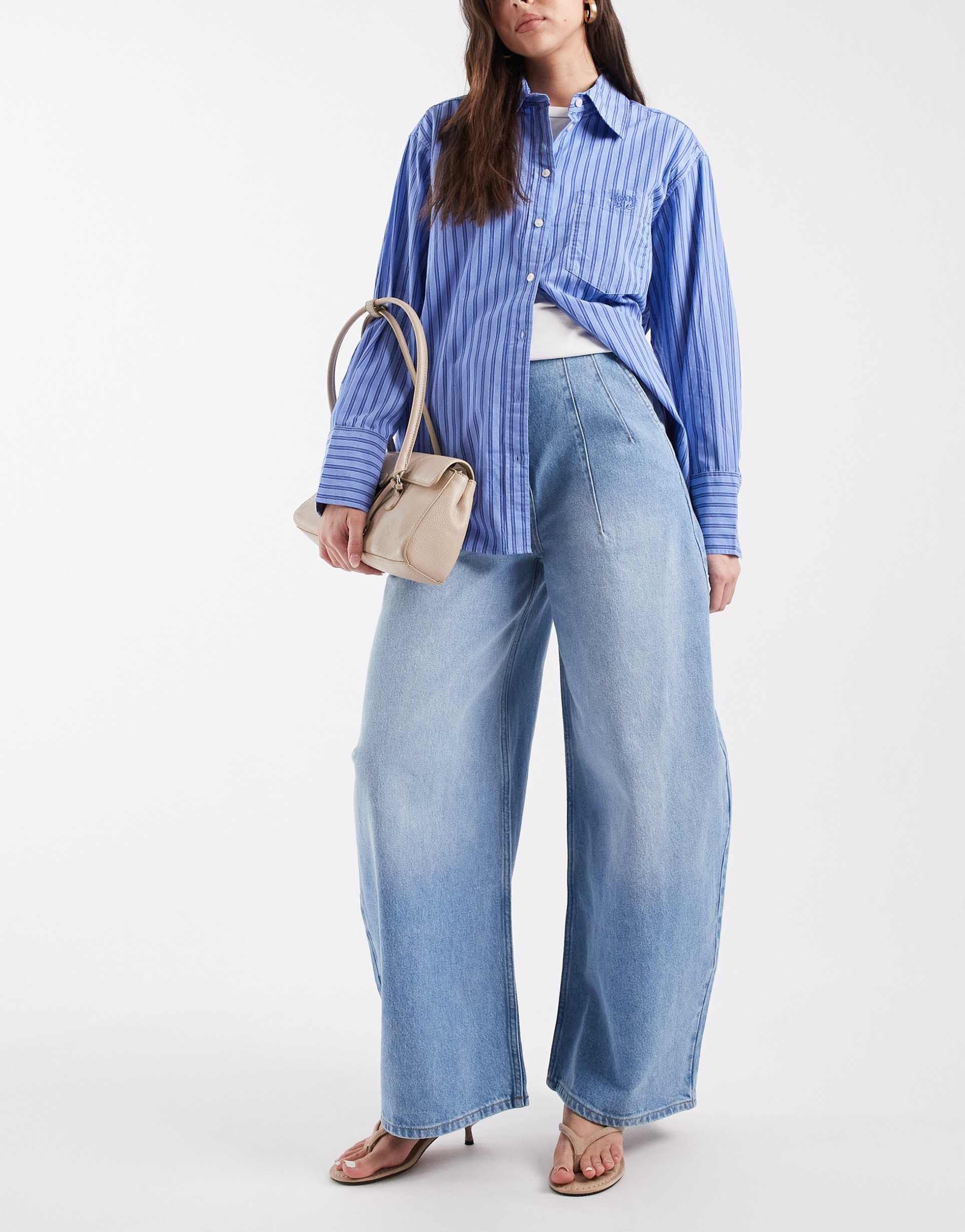 asos design oversized clean barrel leg jeans in mid blue