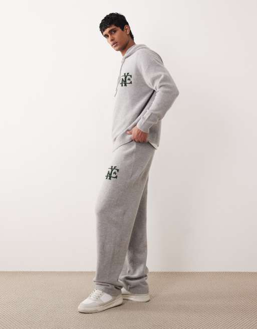 ASOS DESIGN oversized co-ord knitted cuffed joggers with NYC chest logo in washed grey, 3 of 5