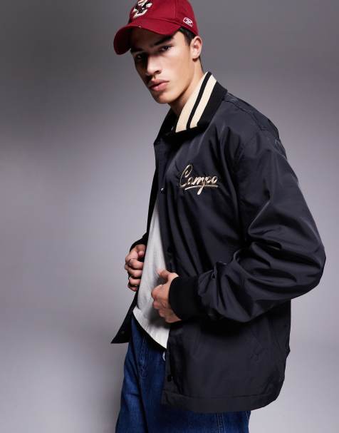 ASOS DESIGN oversized coach jacket with embroidery and tipping details in black - view 1