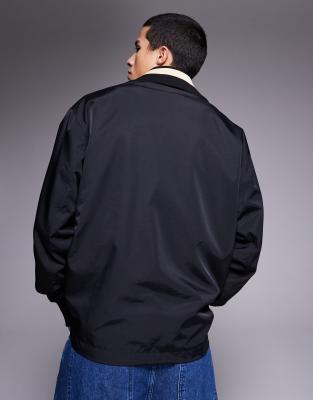 Asos Design Oversized Coach Jacket With Embroidery And Tipping Details In Black