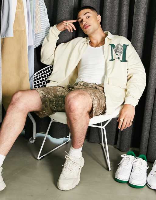 ASOS DESIGN oversized coach jersey jacket in beige with logo chest print, 3 of 4