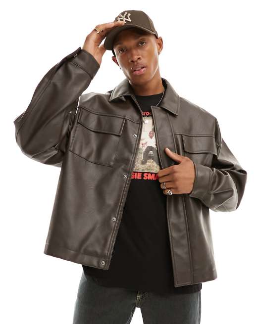 ASOS DESIGN - Oversized coachjack van imitatieleer met zakken in bruin