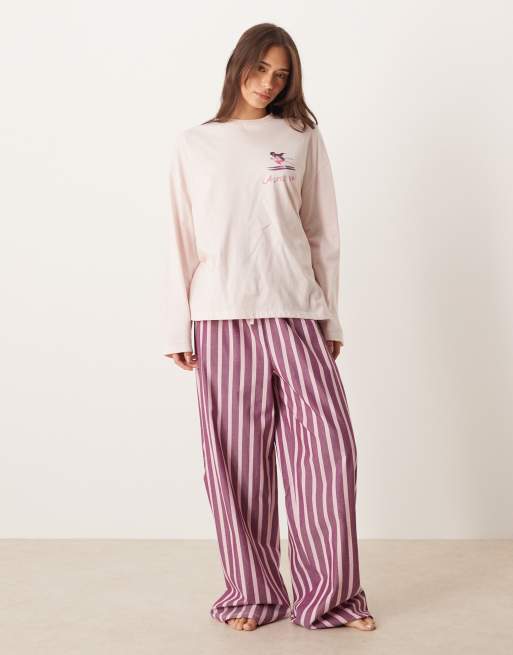 ASOS DESIGN oversized cocktail print long sleeve tee & woven wide leg trouser pyjama set in pink stripe