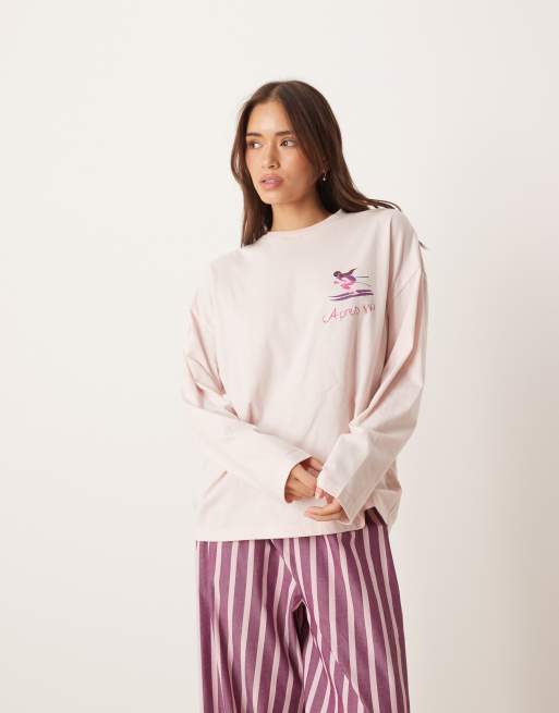 ASOS DESIGN oversized cocktail print long sleeve tee & woven wide leg trouser pyjama set in pink stripe
