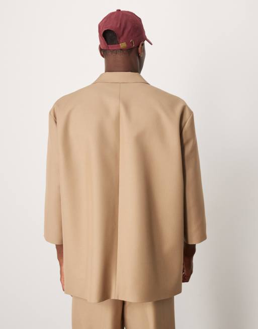 ASOS DESIGN - Oversized colbert van linnenmix slubstof met halflange mouwen in stone, 3 van 5