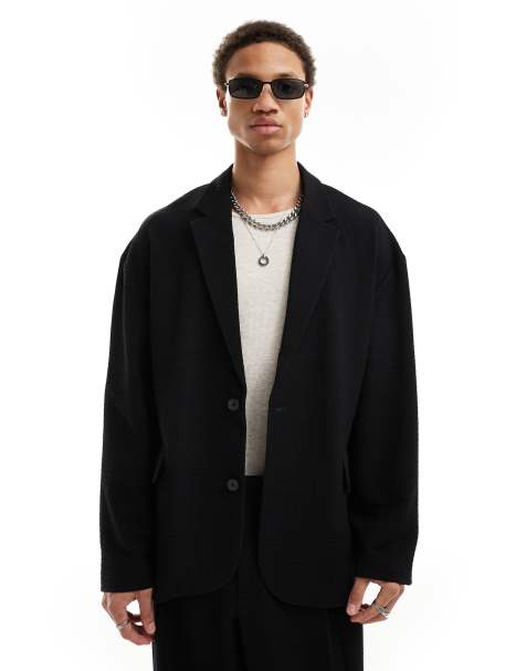ASOS DESIGN - Oversized colbert zonder structuur in zwarte seersucker - view 1
