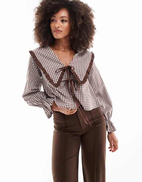 ASOS DESIGN oversized collar blouse in brown gingham - view 1