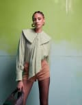 [ASOS DESIGN] ASOS DESIGN oversized collar blouse with neck tie detail in sage green-Multi 6 green