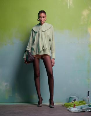 Asos Design Oversized Collar Blouse With Neck Tie Detail In Green