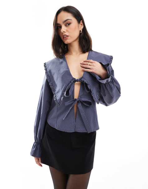 ASOS DESIGN oversized collar fitted shirt in brown check - view 1