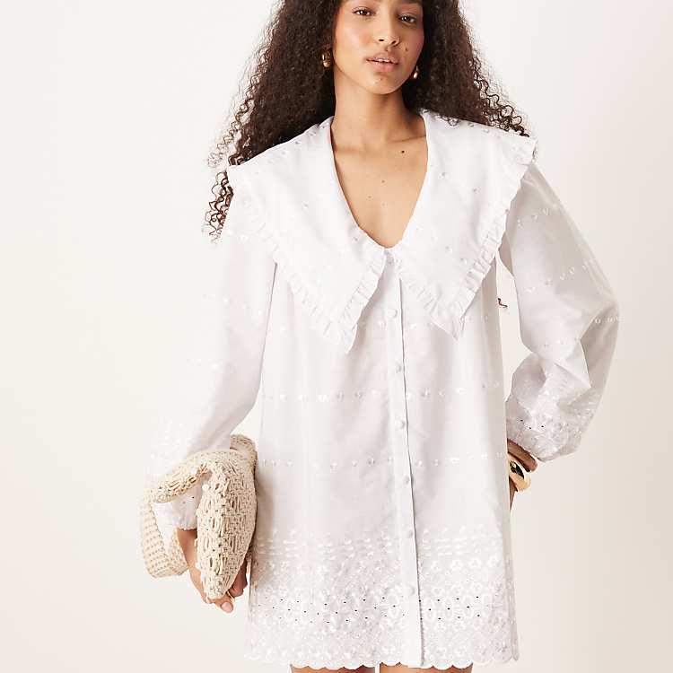 asos shirt dress DESIGN oversized collar long sleeve mini in white making it perfect for both casual outings and dressed ASOS DESIGN oversized collar long