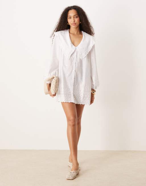 ASOS DESIGN oversized collar long sleeve mini shirt dress in white