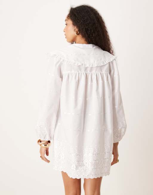 ASOS DESIGN oversized collar long sleeve mini shirt dress in white