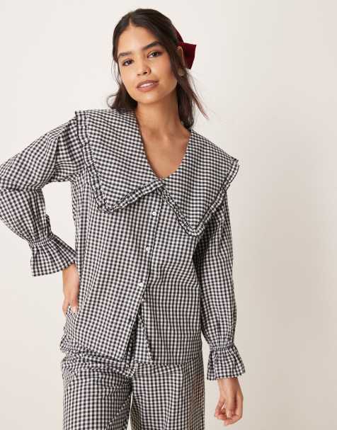 ASOS DESIGN oversized collar pyjama top in black gingham (part of a set) - view 1