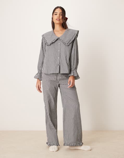 ASOS DESIGN oversized collar shirt and frill hem trouser pyjama co ord in black gingham - view 1