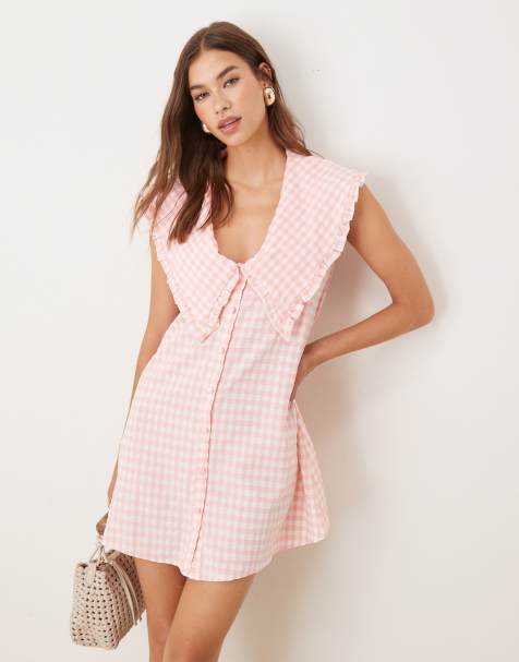 ASOS DESIGN oversized collar sleeveless mini shirt dress in pink gingham - view 1
