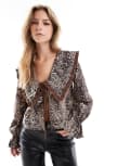 [ASOS DESIGN] ASOS DESIGN oversized collar tie front blouse in animal print-Multi L Leopard Print