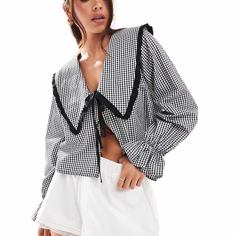ASOS DESIGN oversized collar tie front blouse in black ASOS DESIGN oversized collar tie front blouse in black