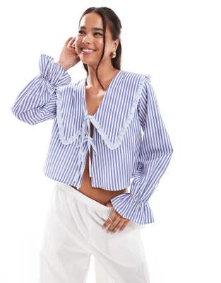 oversized collar tie front blouse in blue stripe