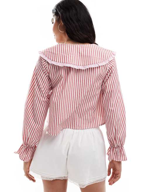 ASOS DESIGN oversized collar tie front blouse in red stripe ASOS