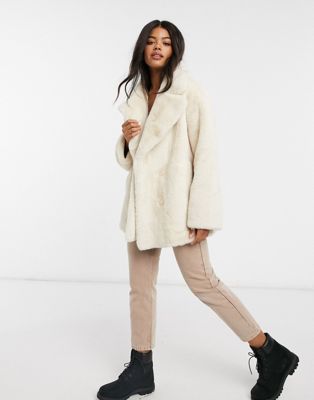 ASOS DESIGN oversized collared coat in faux fur in cream | ASOS