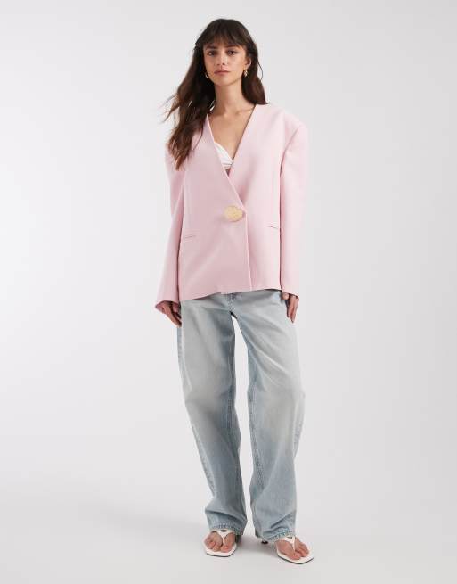 ASOS DESIGN oversized collarless blazer with trim in light pink, 2 of 4