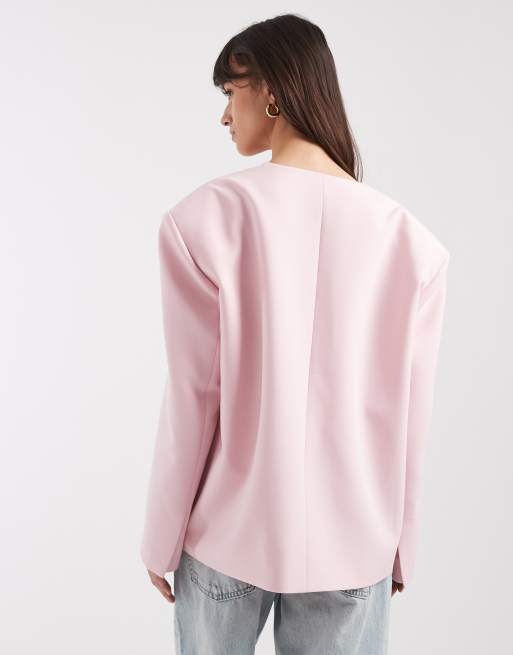 ASOS DESIGN oversized collarless blazer with trim in light pink, 3 of 4