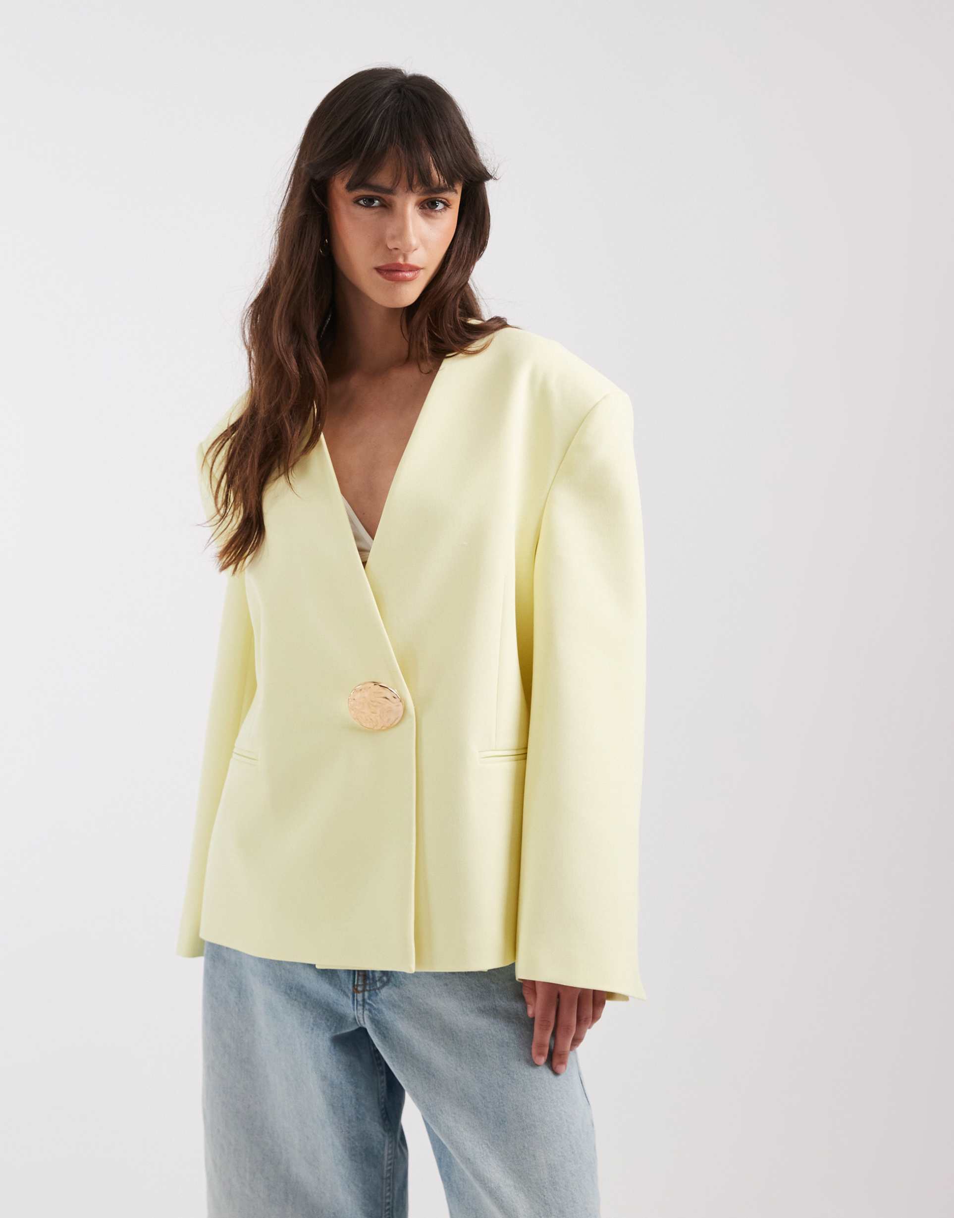 asos design oversized collarless blazer with trim in yellow