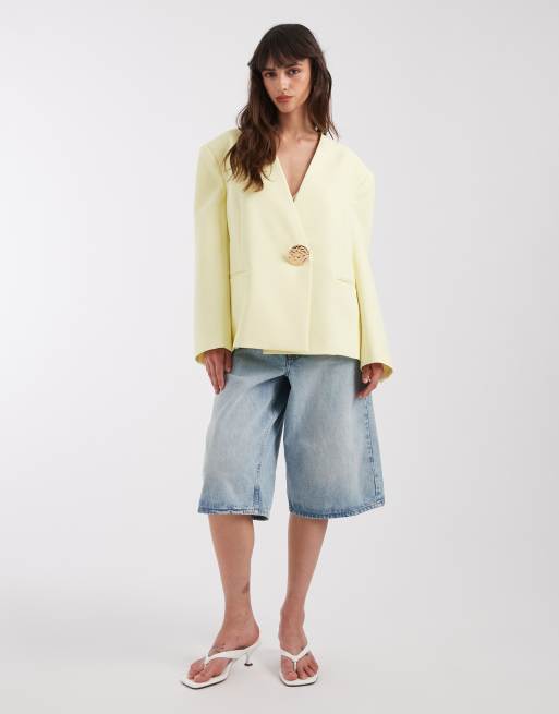 ASOS DESIGN oversized collarless blazer with trim in yellow, 2 of 4