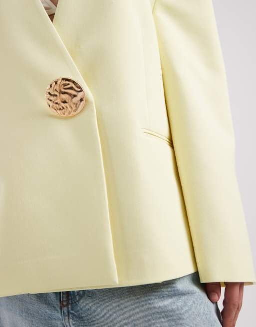 ASOS DESIGN oversized collarless blazer with trim in yellow, 3 of 4