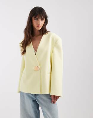 Asos Design Oversized Collarless Blazer With Trim-yellow
