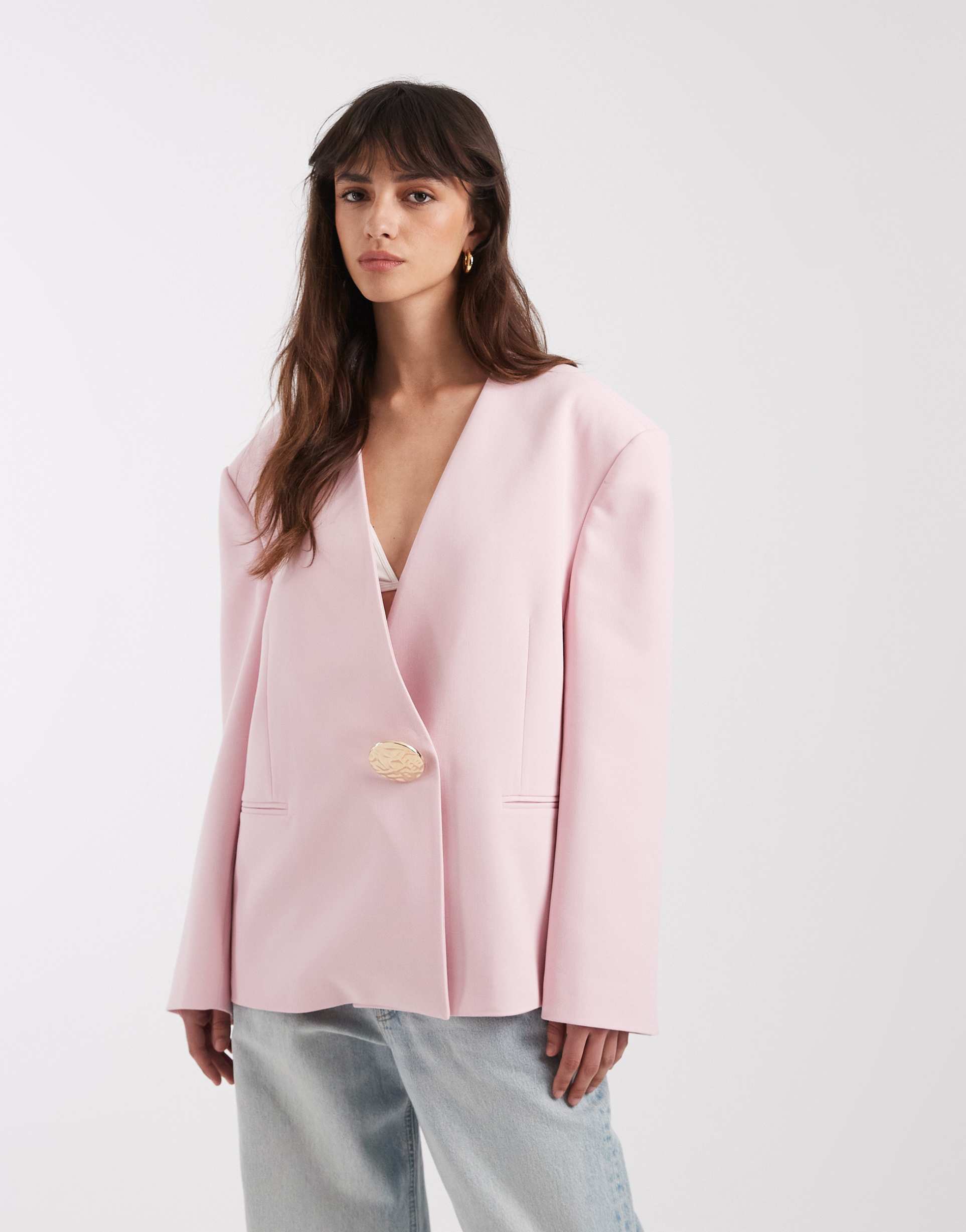 asos design oversized collarless blazer with trim