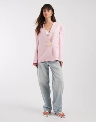 Asos Design Oversized Collarless Blazer With Trim-pink In Multi