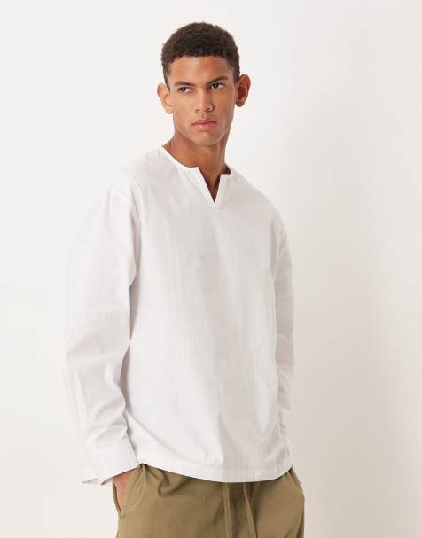 ASOS DESIGN oversized collarless poplin shirt in white - view 1