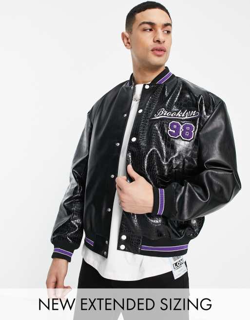 ASOS DESIGN - Oversized college-jakke med splejset design i sort krokodillemønster